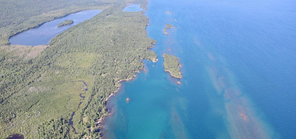 Aerial photo of the Keweenaw Peninsula showing Silver Island off the shore. Photo: Neil Harri