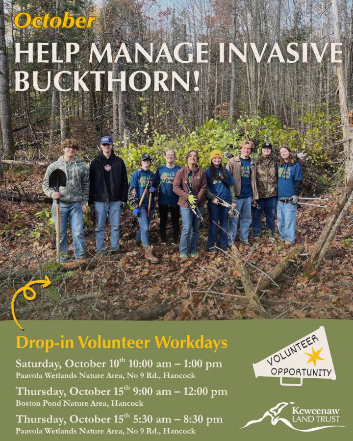 Drop in workday flyer with volunteers posing with loppers and a large buckthorn pile behind them.