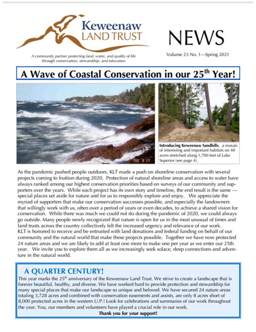 cover page of april newsletter with title wave of conservation in  25th year